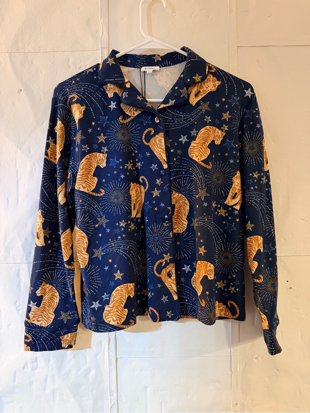 Mason Grey Teens size 12-14  blue animal woven button up blouse